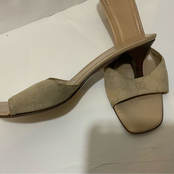 GUCCI Mules Sandals Heel GG Canvas Beige neutrals low heels size 8 B - Picture 6 of 14